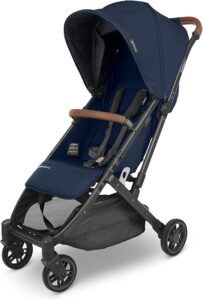 UPPAbaby Carrinho de viagem Minu V2_leve, design portátil_dobrável com uma mão_alça de ombro e barra de couro incluída_Noa (azul marinho_moldura de carbono_couro de sela)